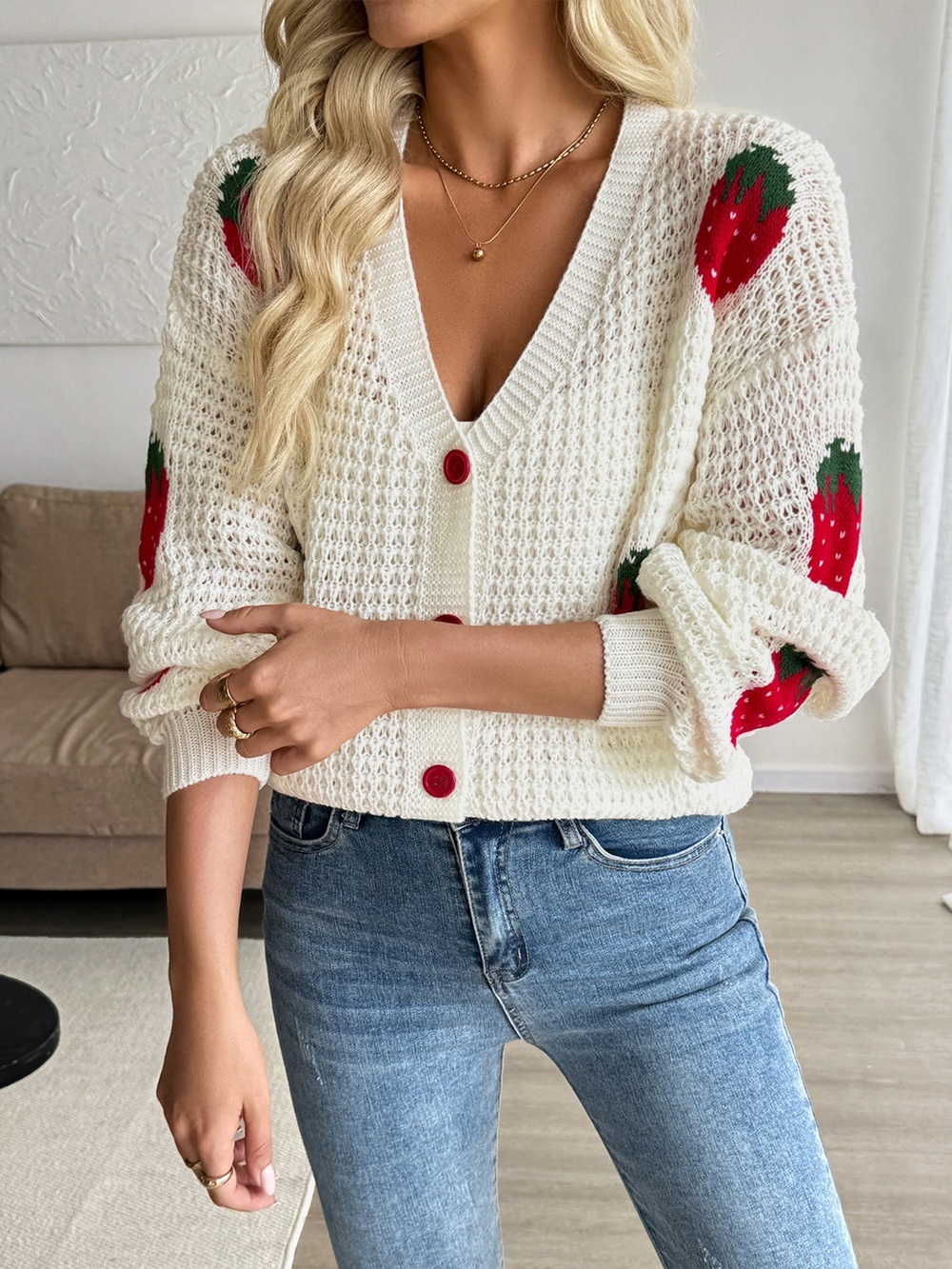 Strawberry Pattern V-Neck Button-Up Cardigan